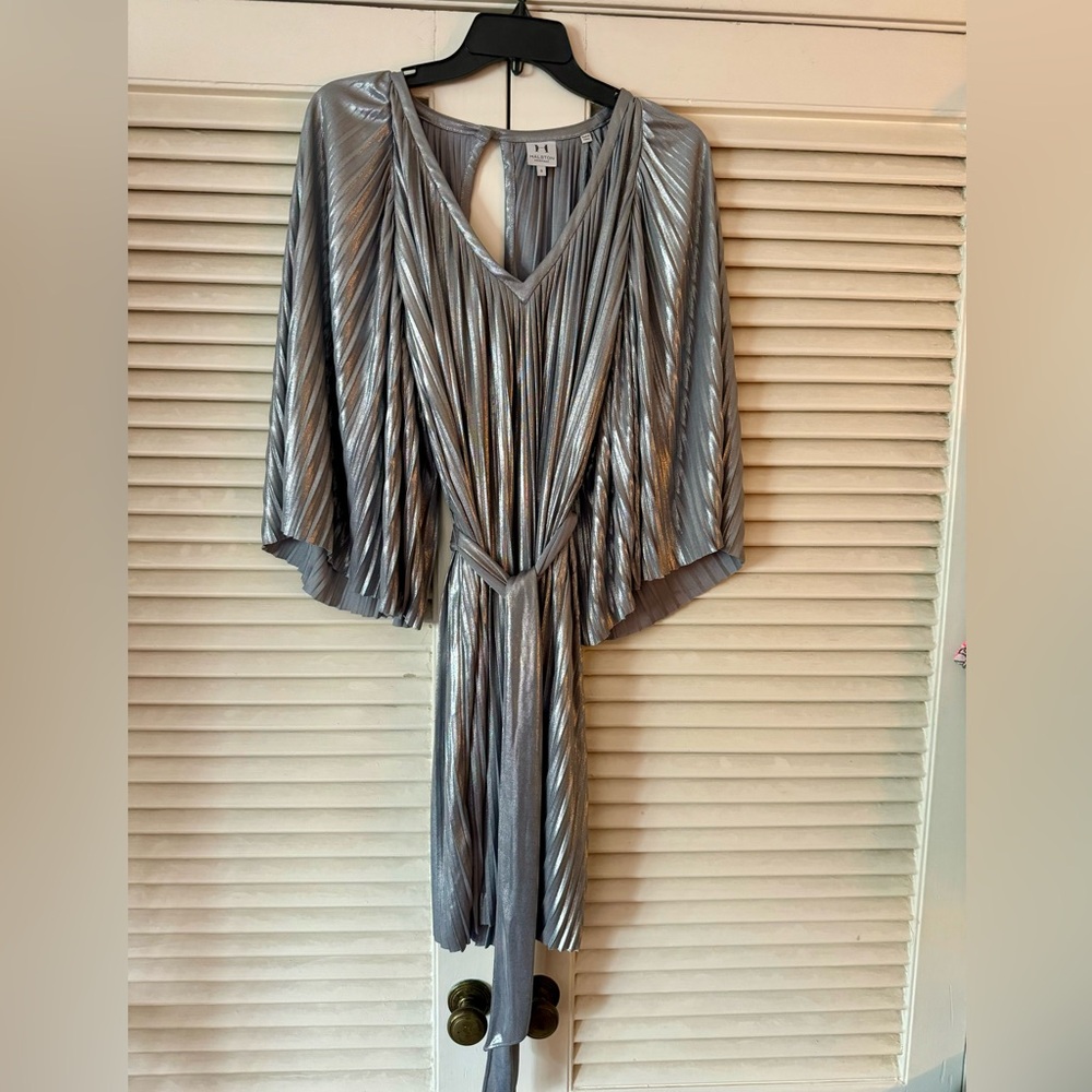 GENUINE HALSTON HERITAGE SILVER  CLEOPATRA FORTUNY PLEATED MINI SZ 6 MINT!